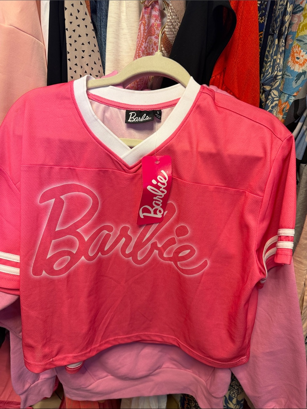Barbie Neon Pink Logo V-Neck Crop Jersey with White Trim